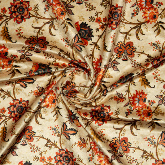 Beige And Brown Floral Pattern Digital Print Velvet Fabric (Width 58 inches)