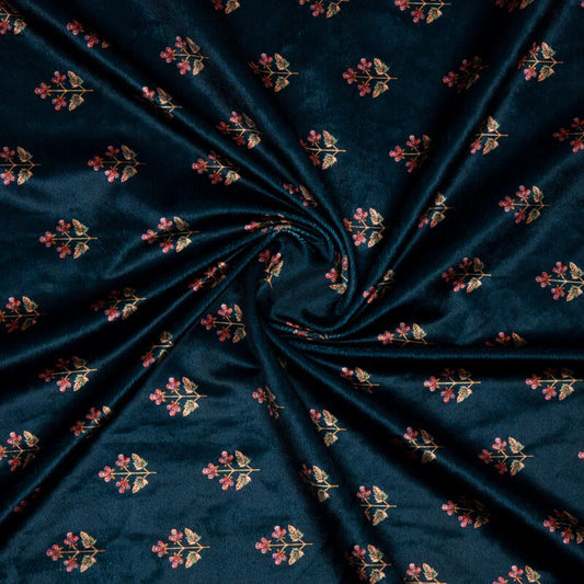 Navy Blue Floral Booti Pattern Digital Print Velvet Fabric (Width 58 inches)
