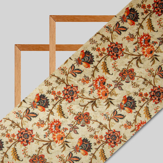 Beige And Brown Floral Pattern Digital Print Velvet Fabric (Width 58 inches)