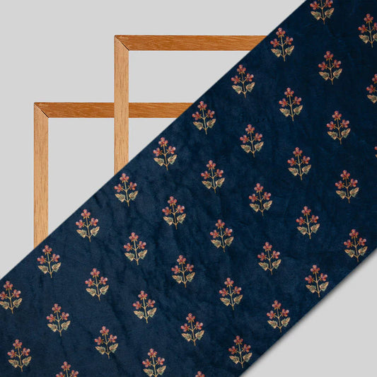 Navy Blue Floral Booti Pattern Digital Print Velvet Fabric (Width 58 inches)