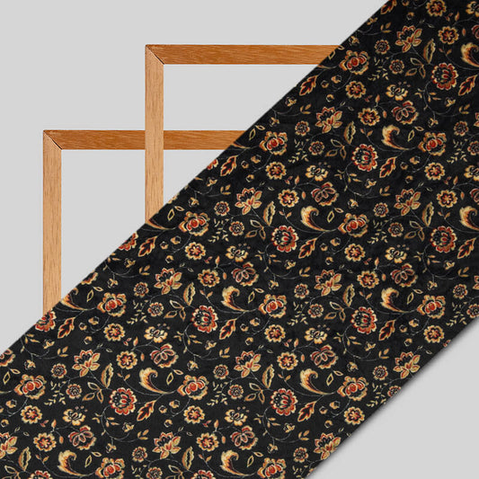 Black Floral Pattern Digital Print Velvet Fabric (Width 58 inches)